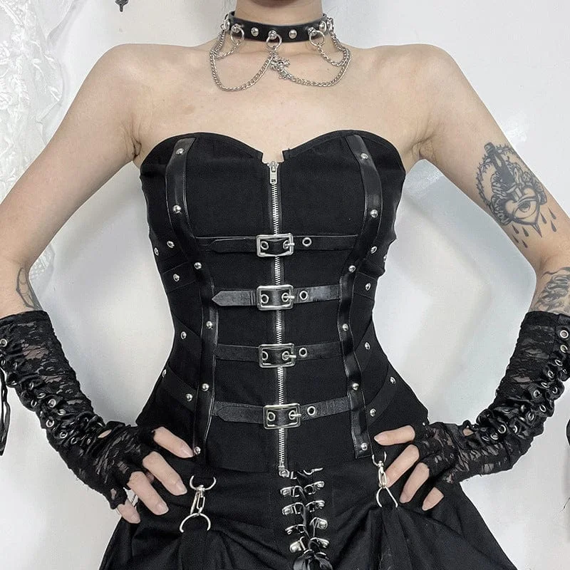 Members Only Women's Punk Faux Leather Strap Splice Buckle Bustier