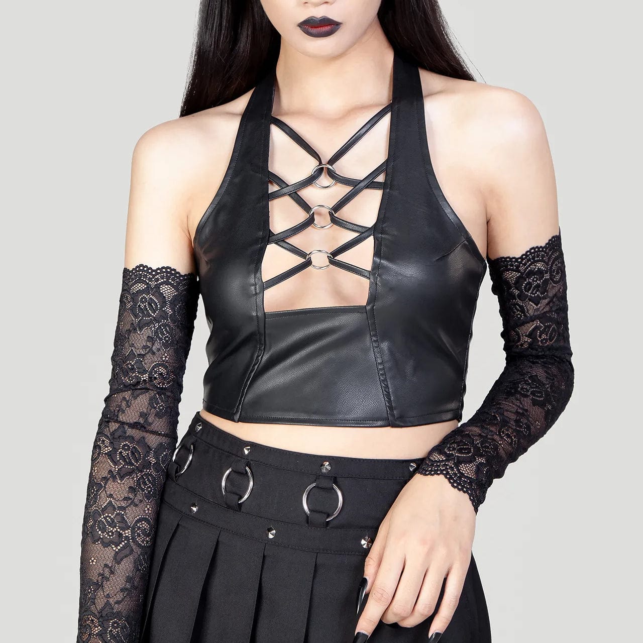 Stock Clearance Women's Punk Plunging Halterneck Faux Leather Bustier