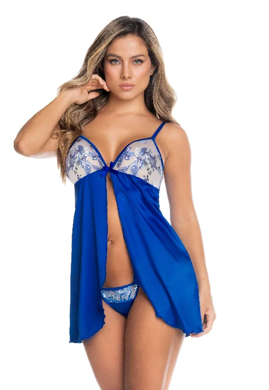 Special Savings Blue Sequin Embroidered Mesh Silhouette Babydoll & Thong Panty Lingerie