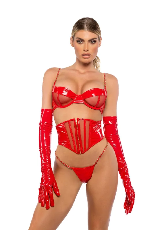 Pay Less Red Gloss Patent Faux Leather & Mesh Bra, Waspie Corset & Thong Panty Lingerie