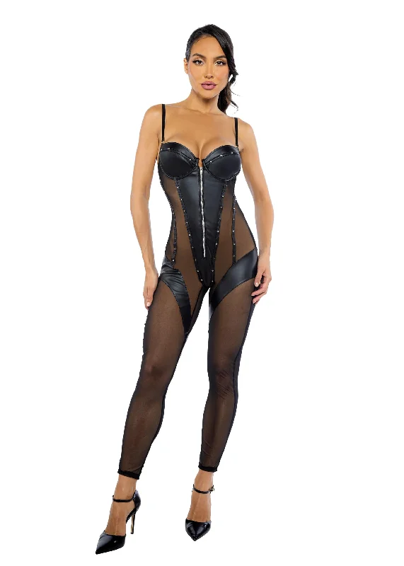Limited Offer Black Leather & Mesh Balconette Cup Catsuit Jumpsuit Lingerie