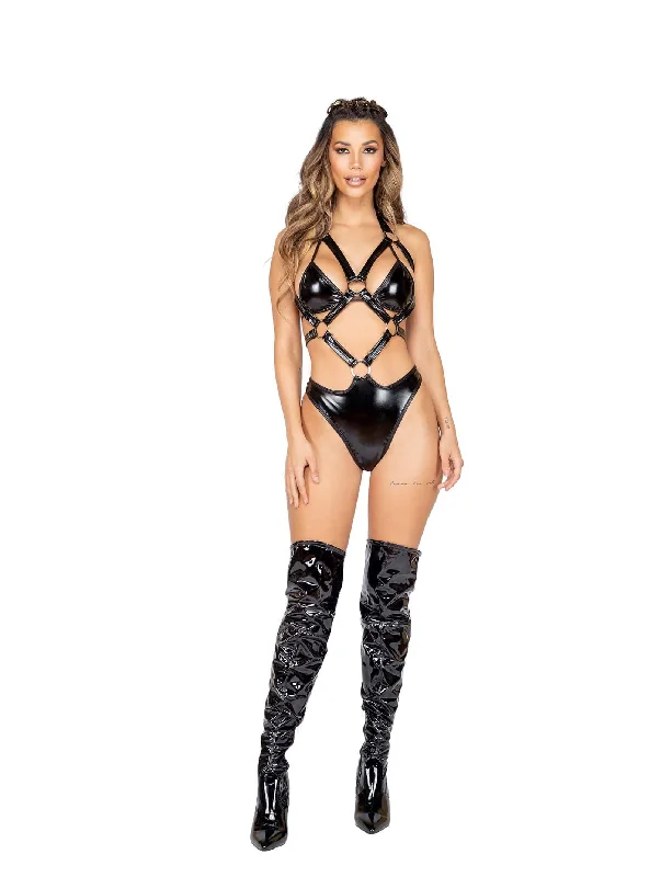 Daily Deals Black One Piece Latex Holster Romper w/ Ring Detail