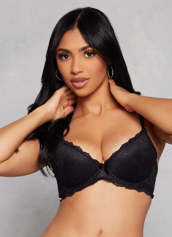 Midnight Madness Patterned Lace Scalloped Convertible Plunge Bra