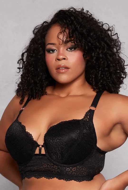 Super Savings Plus Size Caged Front Longline Lace Plunge Bra