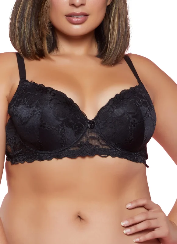 Limited Offer Plus Size Floral Lace Bow Plunge Bra