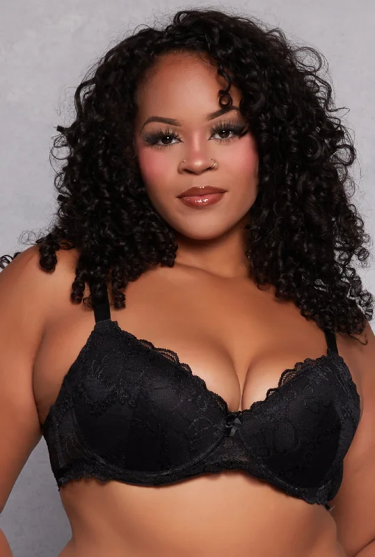 Buy Now Plus Size Solid Scalloped Floral Lace Plunge Bra