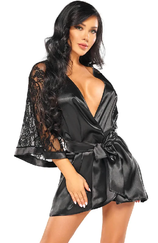 Fantastic Savings Black satin robe with lace sleeves - Lucca