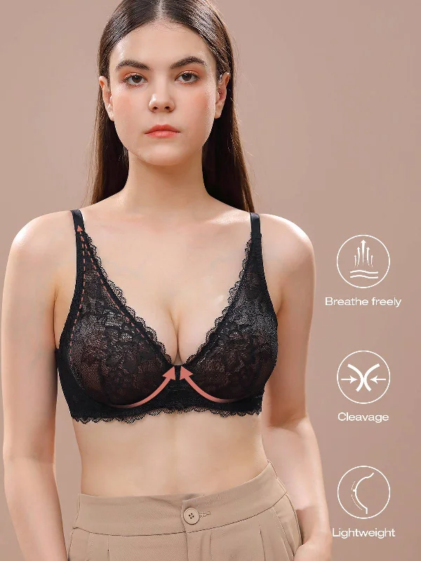 Savings Galore Sexy Unpadded Mesh Sheer Lace V Plunge Bra Black