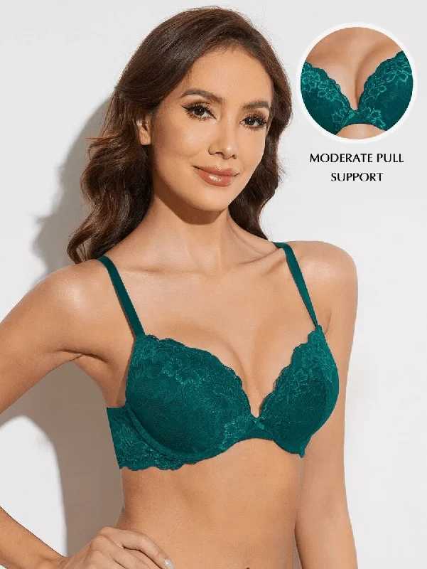 Weekend Offers That Excite Weekend Offers That Excite Floral Lace Push-Up Lightly Padded Demi Plunge Underwire Bra Green