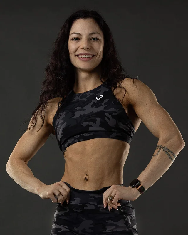 Weekend Discounts to Delight Luxe High Neck Dark Camo Sports Bra