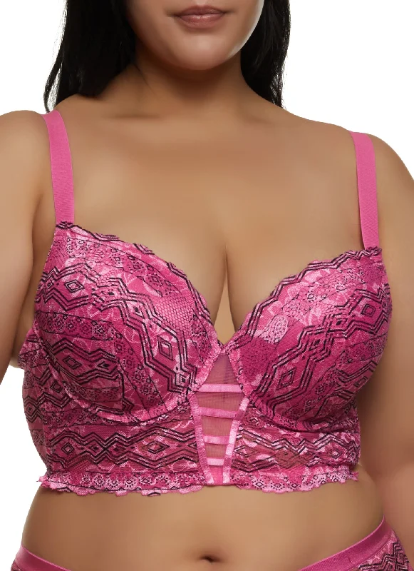 Don’t Miss Out Plus Size Aztec Print Caged Lace Longline Bra