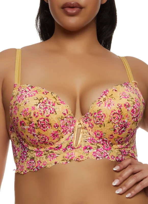 Stock Clearance Plus Size Scalloped Floral Print Keyhole Plunge Bra