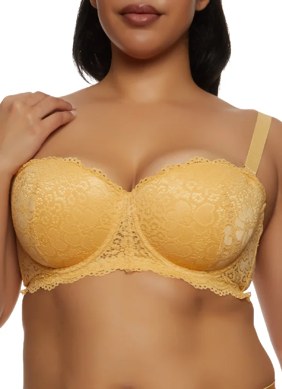 Weekend Specials You Can't Miss Plus Size Scalloped Solid Floral Lace Balconette Bra | Converts to Strapless