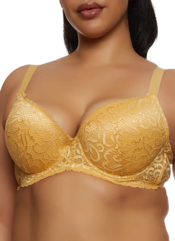 Weekend Sale: Don't Miss Out Plus Size Solid Patterned Lace Plunge Bra