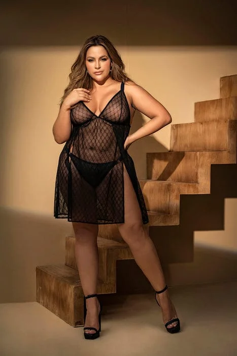 Act Fast Plus Size Sexy Black Geometric Mesh Side Slits w/ Thong Babydoll Lingerie