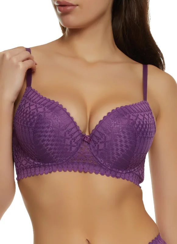 Don't Delay Solid Patterned Lace Plunge Bra