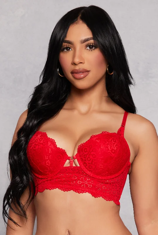 Deal Zone Patterned Lace Caged Detail Longline Plunge Bra
