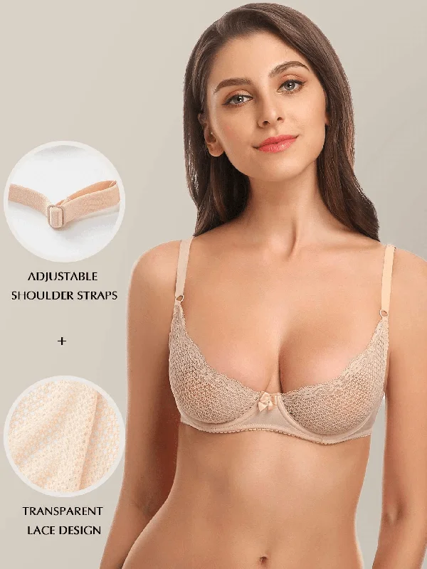 Great Deal Unlined See Through 1/2 Cup Mesh Demi Shelf Underwired Bra Nude