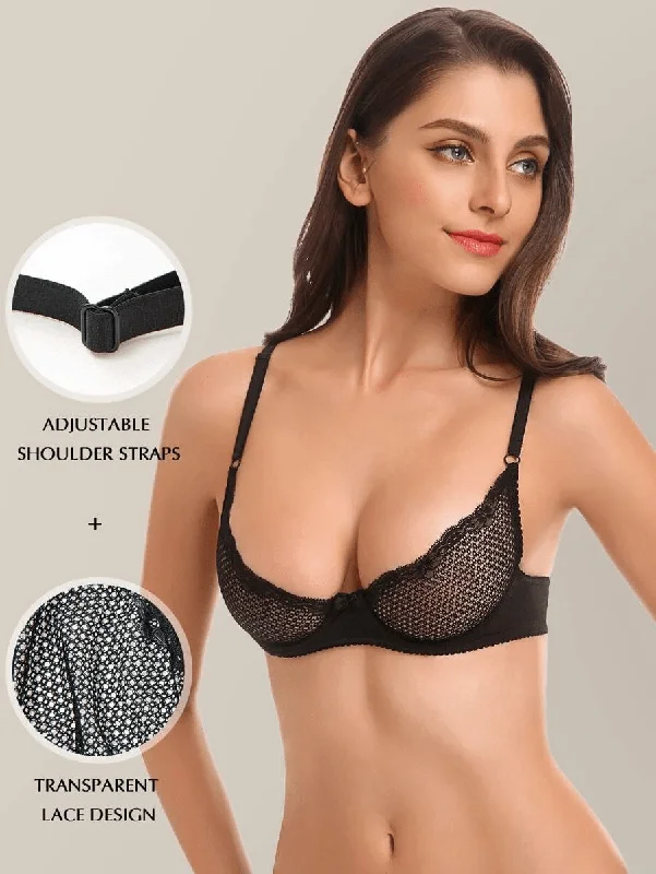 Overstock Sale Unlined See Through 1/2 Cup Mesh Demi Shelf Underwired Bra Black