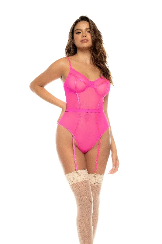 Midnight Madness Midnight Madness Sexy Hot Pink Mesh w/ Garters Bodysuit Lingerie