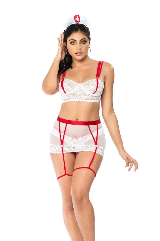 Exclusive Offer White Lace Peek A Boo Top Garter Belt Skirt & Thong w/ Headpiece Nurse Costume
