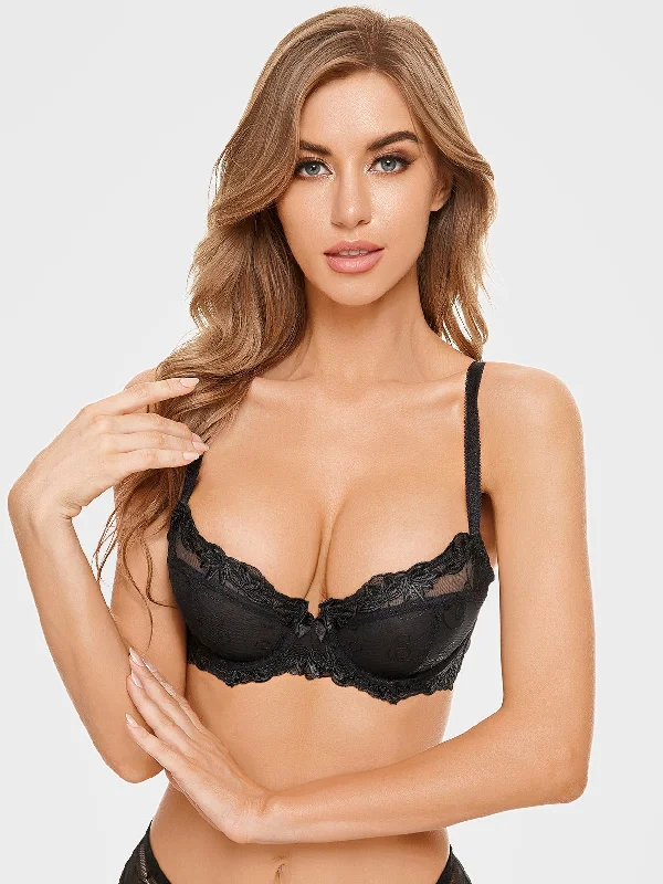 Get It Before It’s Gone See Through Mesh Cups Non-pads  Embroidered Underwire Bra Black